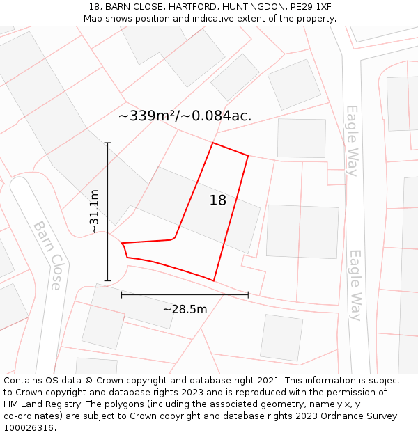 18, BARN CLOSE, HARTFORD, HUNTINGDON, PE29 1XF: Plot and title map