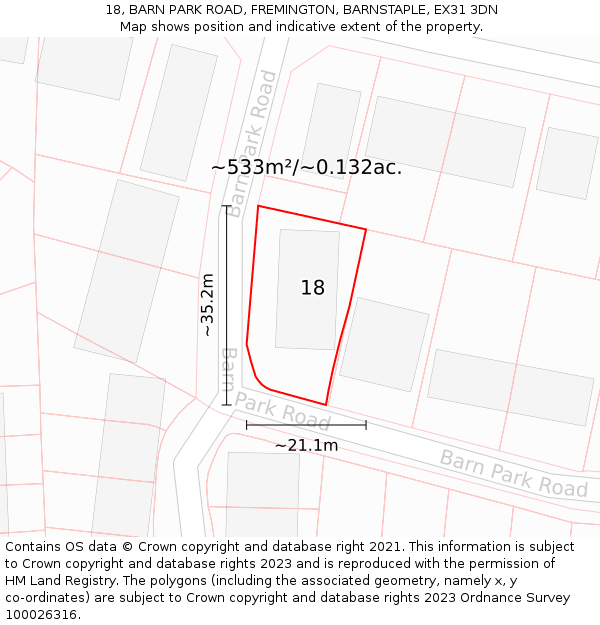 18, BARN PARK ROAD, FREMINGTON, BARNSTAPLE, EX31 3DN: Plot and title map