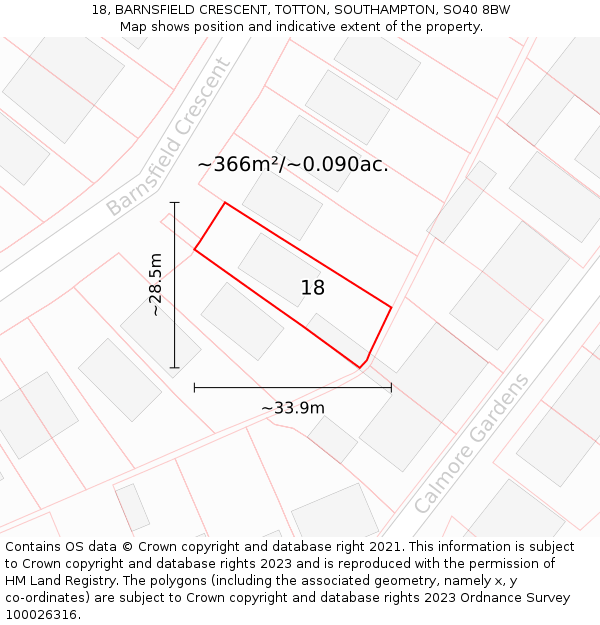 18, BARNSFIELD CRESCENT, TOTTON, SOUTHAMPTON, SO40 8BW: Plot and title map