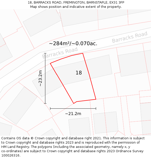 18, BARRACKS ROAD, FREMINGTON, BARNSTAPLE, EX31 3FP: Plot and title map