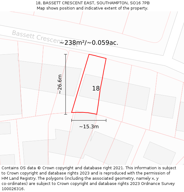 18, BASSETT CRESCENT EAST, SOUTHAMPTON, SO16 7PB: Plot and title map