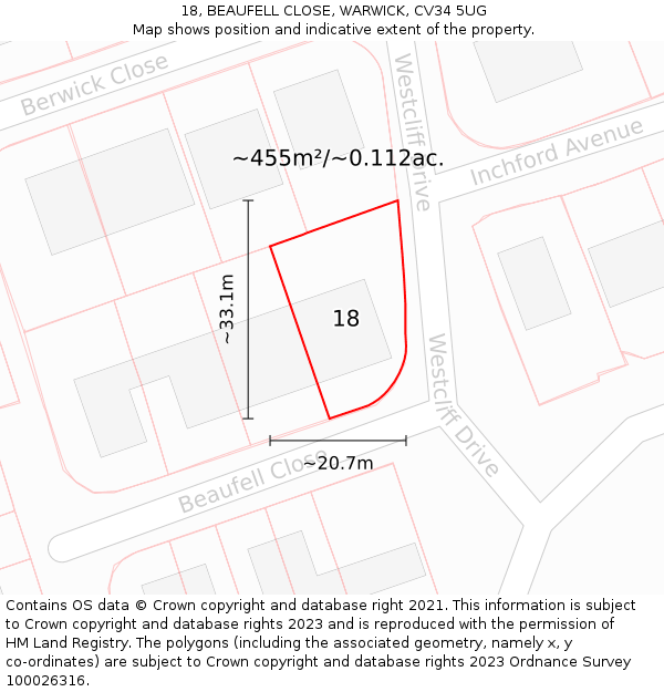 18, BEAUFELL CLOSE, WARWICK, CV34 5UG: Plot and title map