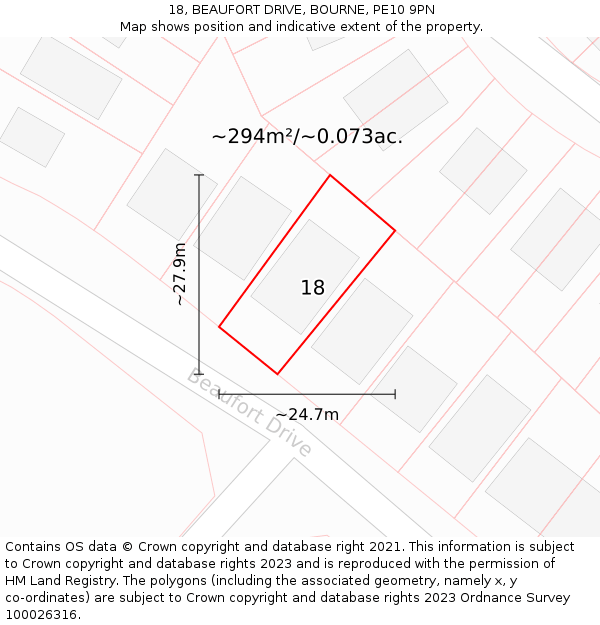 18, BEAUFORT DRIVE, BOURNE, PE10 9PN: Plot and title map