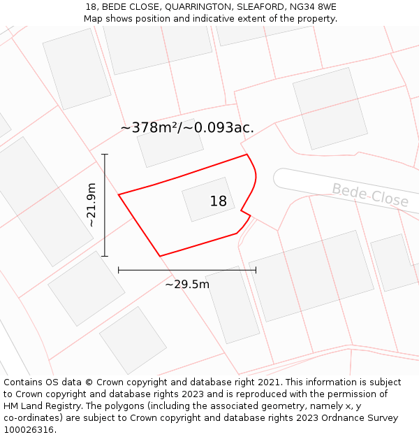 18, BEDE CLOSE, QUARRINGTON, SLEAFORD, NG34 8WE: Plot and title map