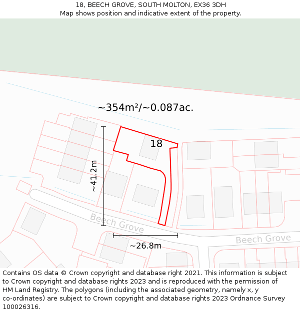 18, BEECH GROVE, SOUTH MOLTON, EX36 3DH: Plot and title map