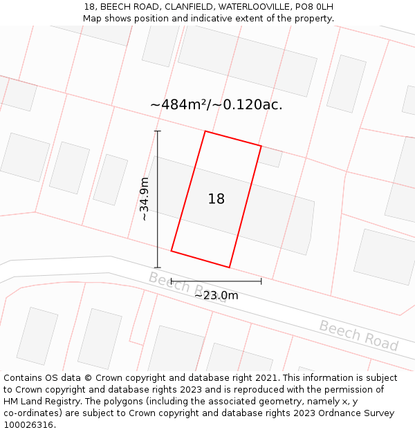 18, BEECH ROAD, CLANFIELD, WATERLOOVILLE, PO8 0LH: Plot and title map