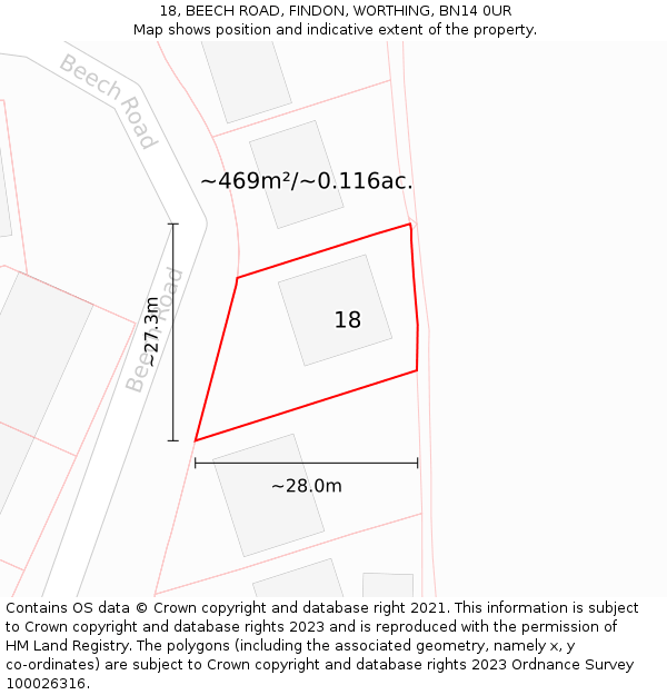 18, BEECH ROAD, FINDON, WORTHING, BN14 0UR: Plot and title map