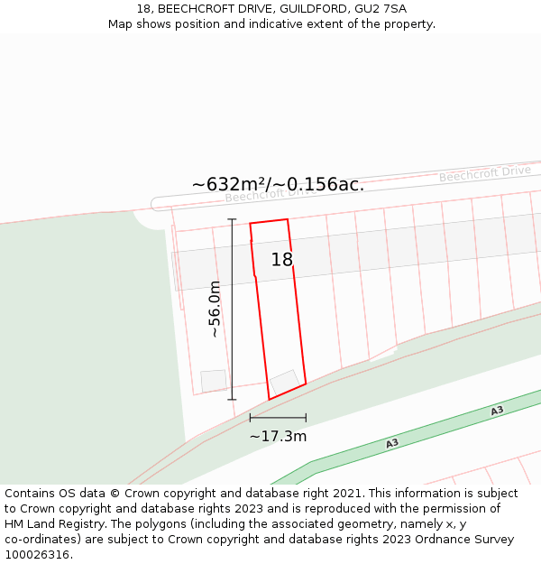 18, BEECHCROFT DRIVE, GUILDFORD, GU2 7SA: Plot and title map