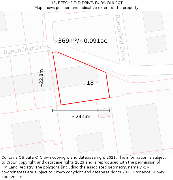 18, BEECHFIELD DRIVE, BURY, BL9 9QT: Plot and title map