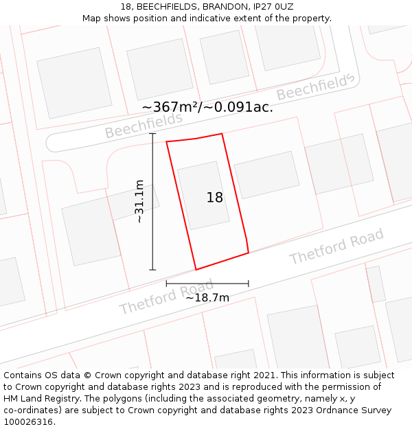 18, BEECHFIELDS, BRANDON, IP27 0UZ: Plot and title map