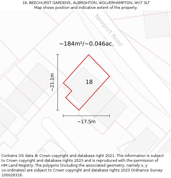 18, BEECHURST GARDENS, ALBRIGHTON, WOLVERHAMPTON, WV7 3LT: Plot and title map