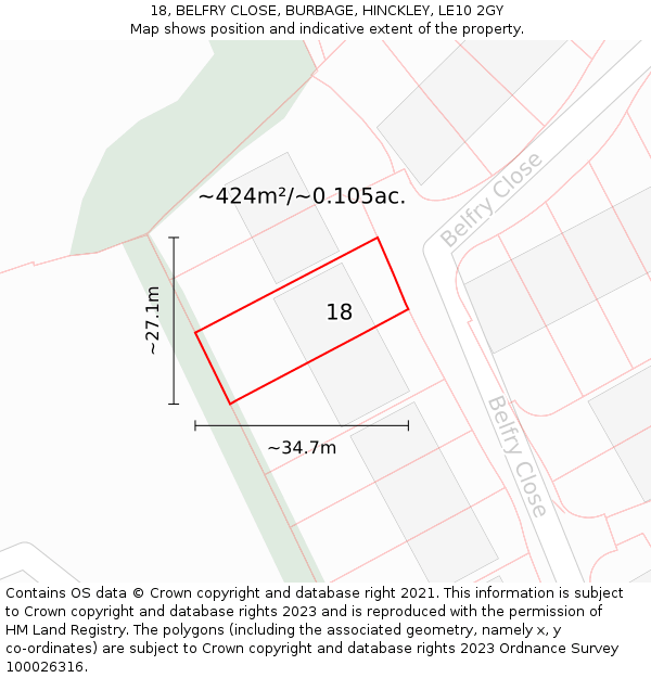 18, BELFRY CLOSE, BURBAGE, HINCKLEY, LE10 2GY: Plot and title map