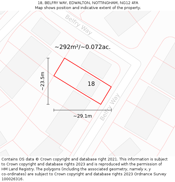 18, BELFRY WAY, EDWALTON, NOTTINGHAM, NG12 4FA: Plot and title map