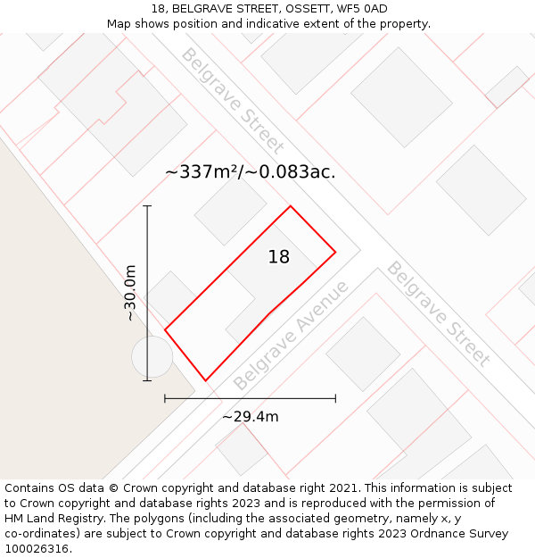 18, BELGRAVE STREET, OSSETT, WF5 0AD: Plot and title map