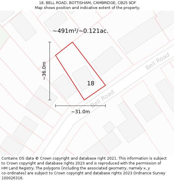 18, BELL ROAD, BOTTISHAM, CAMBRIDGE, CB25 9DF: Plot and title map