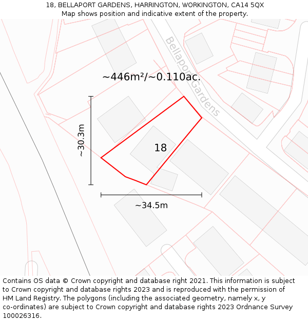 18, BELLAPORT GARDENS, HARRINGTON, WORKINGTON, CA14 5QX: Plot and title map