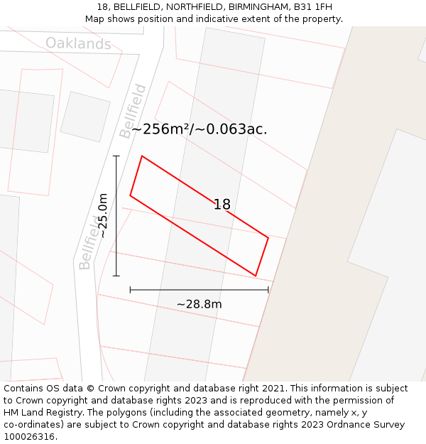 18, BELLFIELD, NORTHFIELD, BIRMINGHAM, B31 1FH: Plot and title map