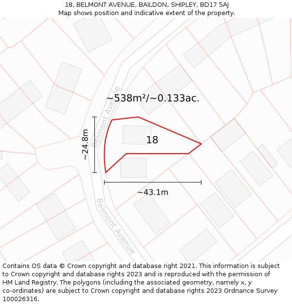 18, BELMONT AVENUE, BAILDON, SHIPLEY, BD17 5AJ: Plot and title map