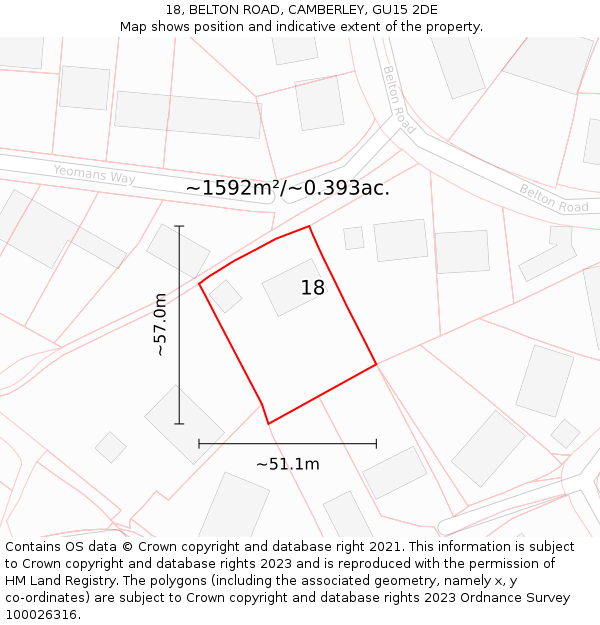 18, BELTON ROAD, CAMBERLEY, GU15 2DE: Plot and title map