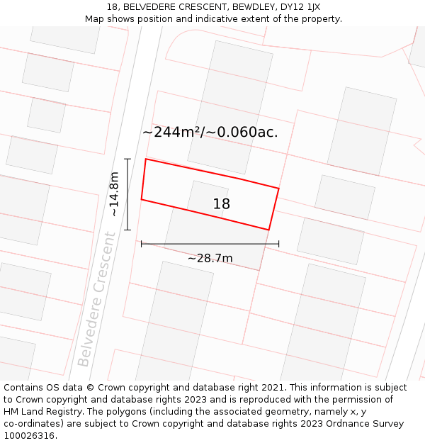 18, BELVEDERE CRESCENT, BEWDLEY, DY12 1JX: Plot and title map