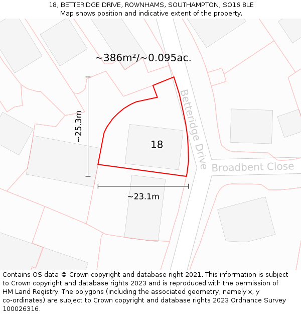 18, BETTERIDGE DRIVE, ROWNHAMS, SOUTHAMPTON, SO16 8LE: Plot and title map