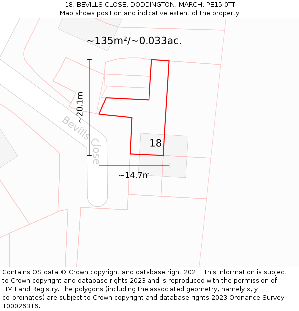 18, BEVILLS CLOSE, DODDINGTON, MARCH, PE15 0TT: Plot and title map