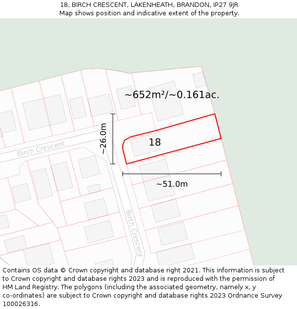 18, BIRCH CRESCENT, LAKENHEATH, BRANDON, IP27 9JR: Plot and title map