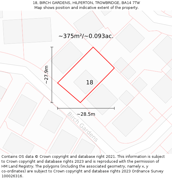 18, BIRCH GARDENS, HILPERTON, TROWBRIDGE, BA14 7TW: Plot and title map