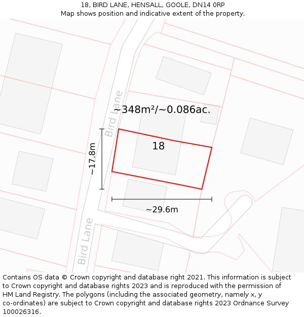 18, BIRD LANE, HENSALL, GOOLE, DN14 0RP: Plot and title map