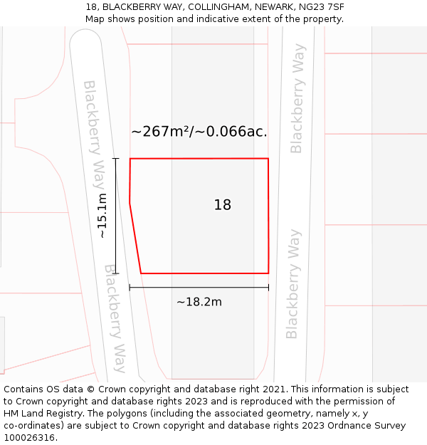 18, BLACKBERRY WAY, COLLINGHAM, NEWARK, NG23 7SF: Plot and title map