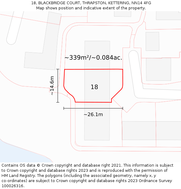 18, BLACKBRIDGE COURT, THRAPSTON, KETTERING, NN14 4FG: Plot and title map