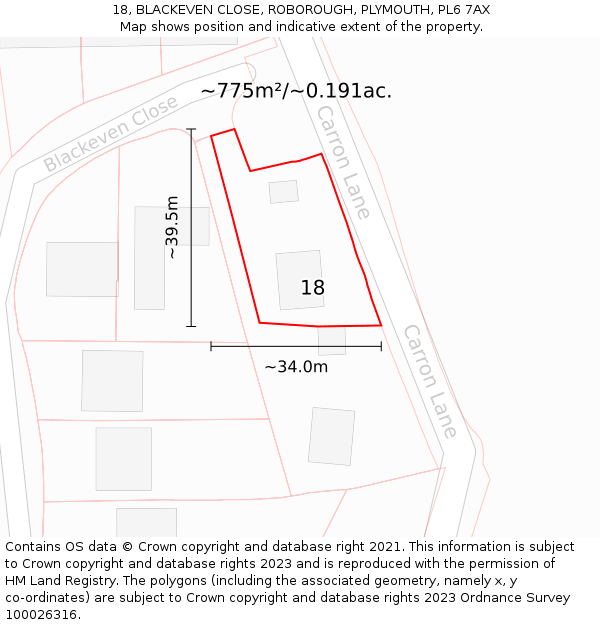 18, BLACKEVEN CLOSE, ROBOROUGH, PLYMOUTH, PL6 7AX: Plot and title map