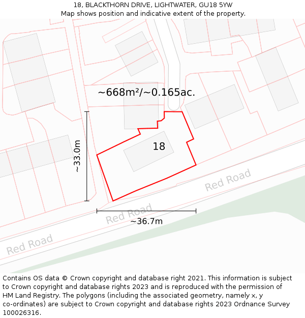 18, BLACKTHORN DRIVE, LIGHTWATER, GU18 5YW: Plot and title map