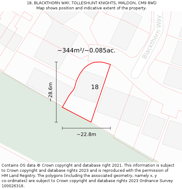 18, BLACKTHORN WAY, TOLLESHUNT KNIGHTS, MALDON, CM9 8WD: Plot and title map