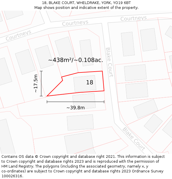 18, BLAKE COURT, WHELDRAKE, YORK, YO19 6BT: Plot and title map