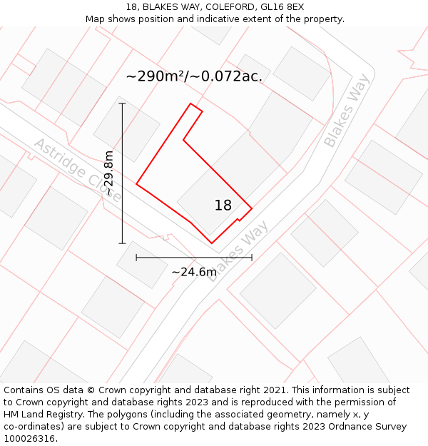 18, BLAKES WAY, COLEFORD, GL16 8EX: Plot and title map