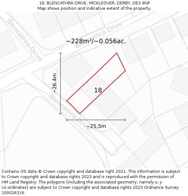 18, BLENCATHRA DRIVE, MICKLEOVER, DERBY, DE3 9NP: Plot and title map