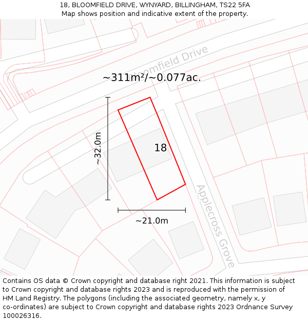 18, BLOOMFIELD DRIVE, WYNYARD, BILLINGHAM, TS22 5FA: Plot and title map