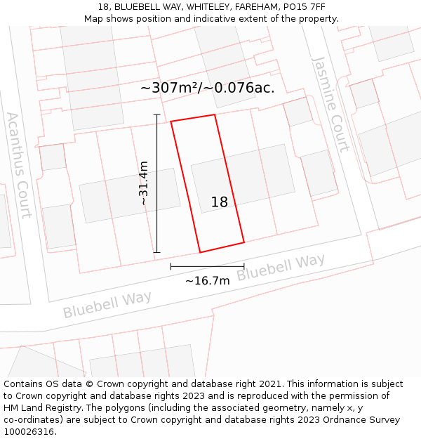 18, BLUEBELL WAY, WHITELEY, FAREHAM, PO15 7FF: Plot and title map