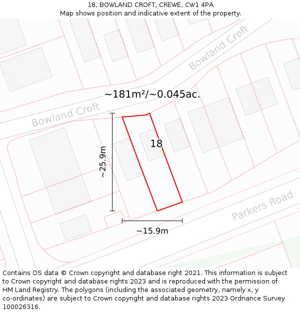 18, BOWLAND CROFT, CREWE, CW1 4PA: Plot and title map