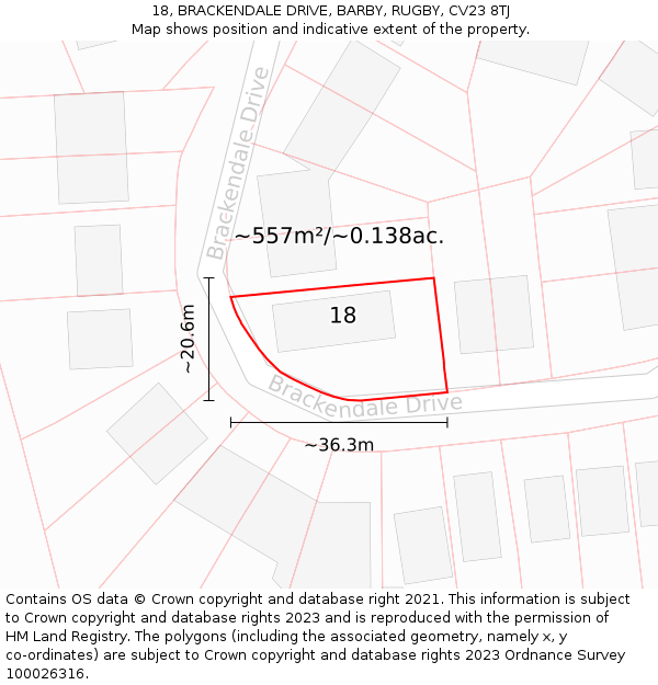 18, BRACKENDALE DRIVE, BARBY, RUGBY, CV23 8TJ: Plot and title map