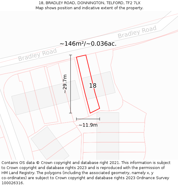 18, BRADLEY ROAD, DONNINGTON, TELFORD, TF2 7LX: Plot and title map