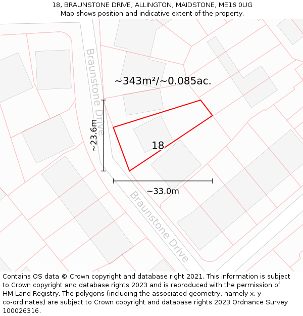 18, BRAUNSTONE DRIVE, ALLINGTON, MAIDSTONE, ME16 0UG: Plot and title map