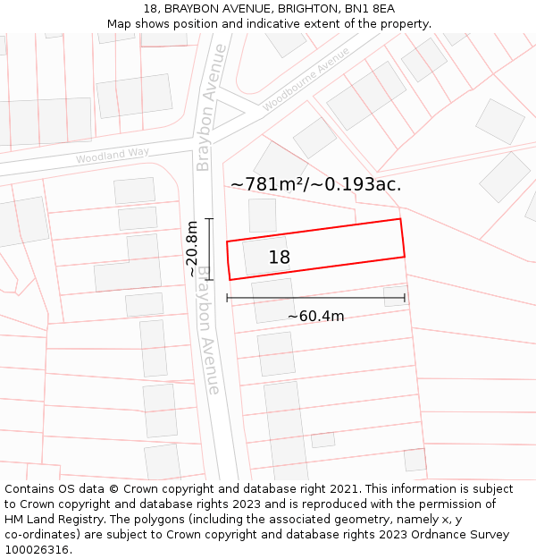 18, BRAYBON AVENUE, BRIGHTON, BN1 8EA: Plot and title map