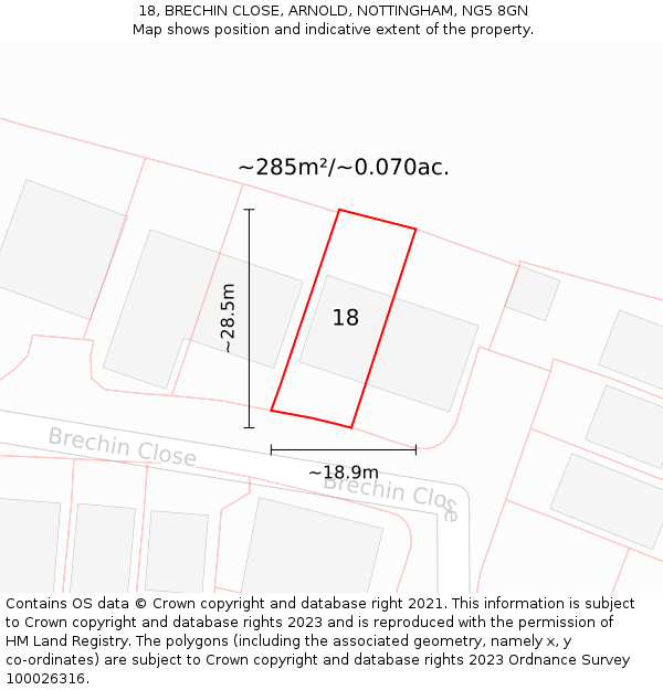 18, BRECHIN CLOSE, ARNOLD, NOTTINGHAM, NG5 8GN: Plot and title map