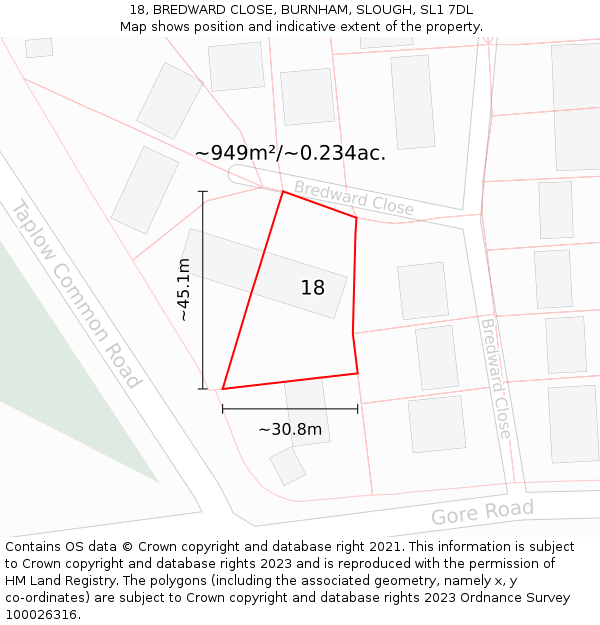 18, BREDWARD CLOSE, BURNHAM, SLOUGH, SL1 7DL: Plot and title map