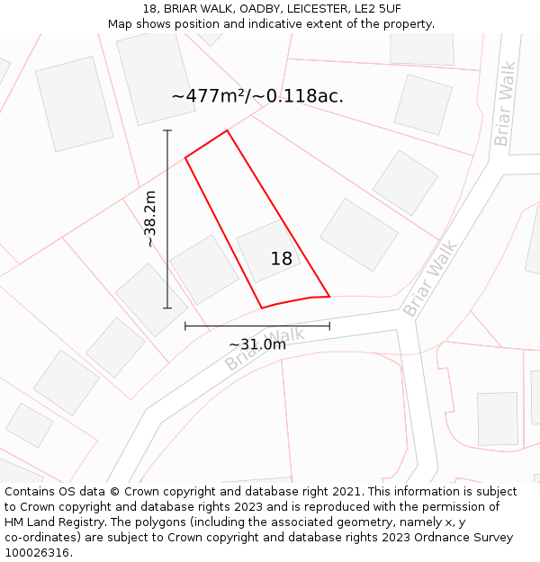 18, BRIAR WALK, OADBY, LEICESTER, LE2 5UF: Plot and title map