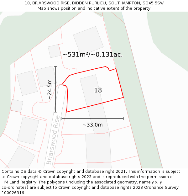 18, BRIARSWOOD RISE, DIBDEN PURLIEU, SOUTHAMPTON, SO45 5SW: Plot and title map