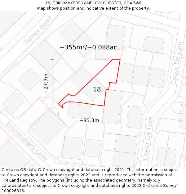 18, BRICKMAKERS LANE, COLCHESTER, CO4 5WP: Plot and title map