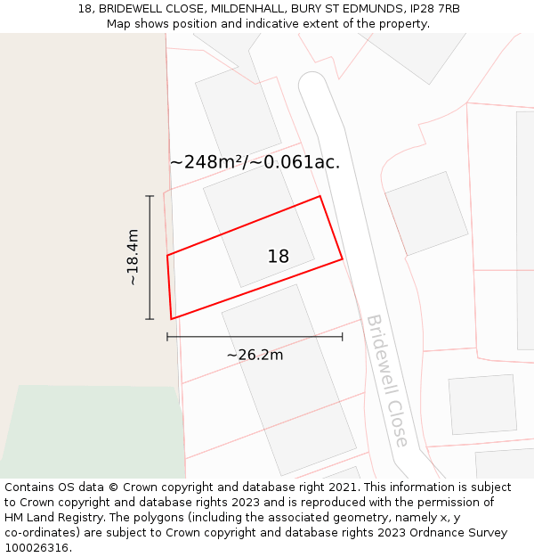 18, BRIDEWELL CLOSE, MILDENHALL, BURY ST EDMUNDS, IP28 7RB: Plot and title map